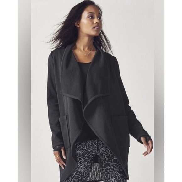 Fabletics Eugenia Coat Women's Sz L Black Open Front Fleece Lined Back Mesh Coat - Picture 1 of 10
